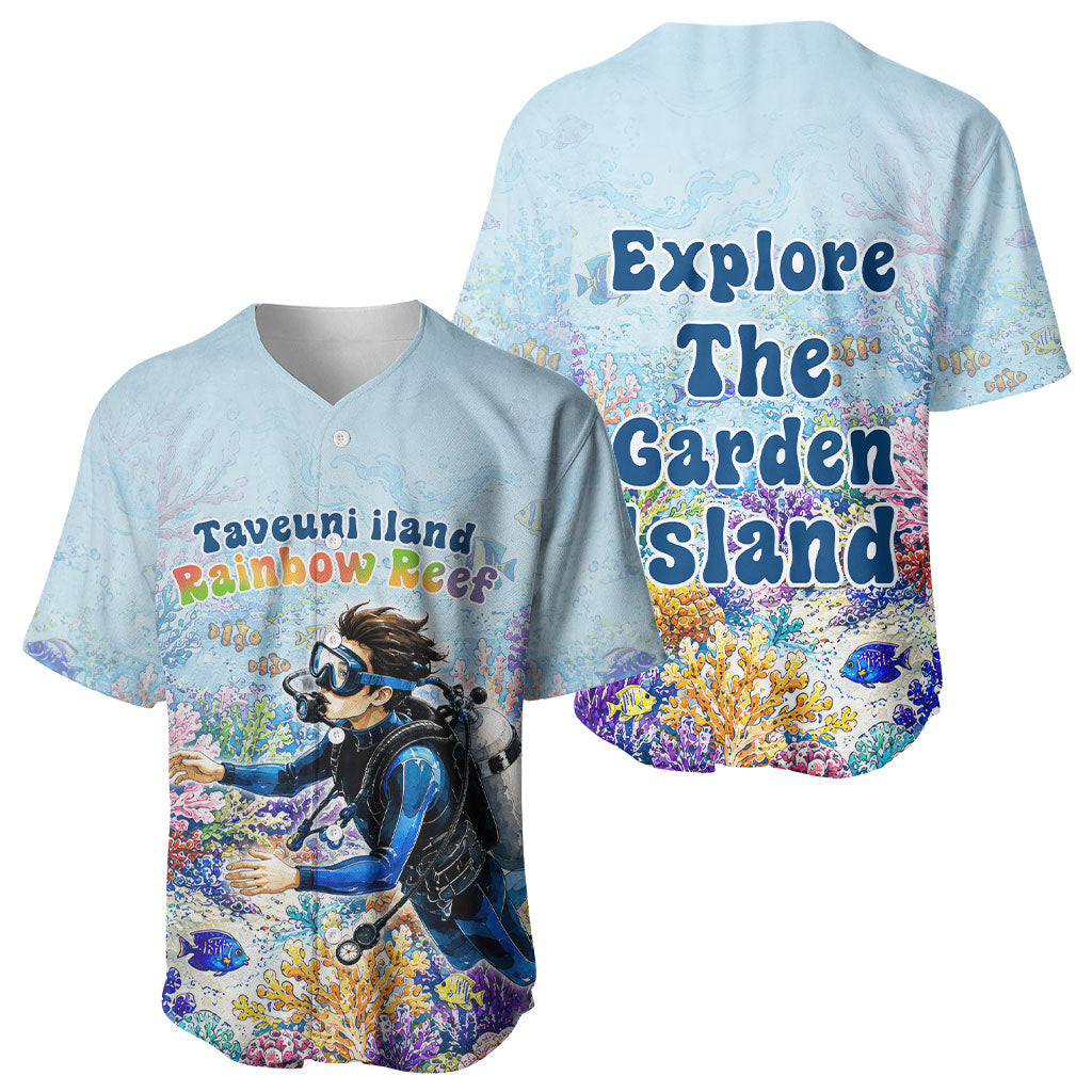 Fiji Taveuni Rainbow Reef Baseball Jersey Scuba Diver Vibrant Undersea Coral Garden Watercolor