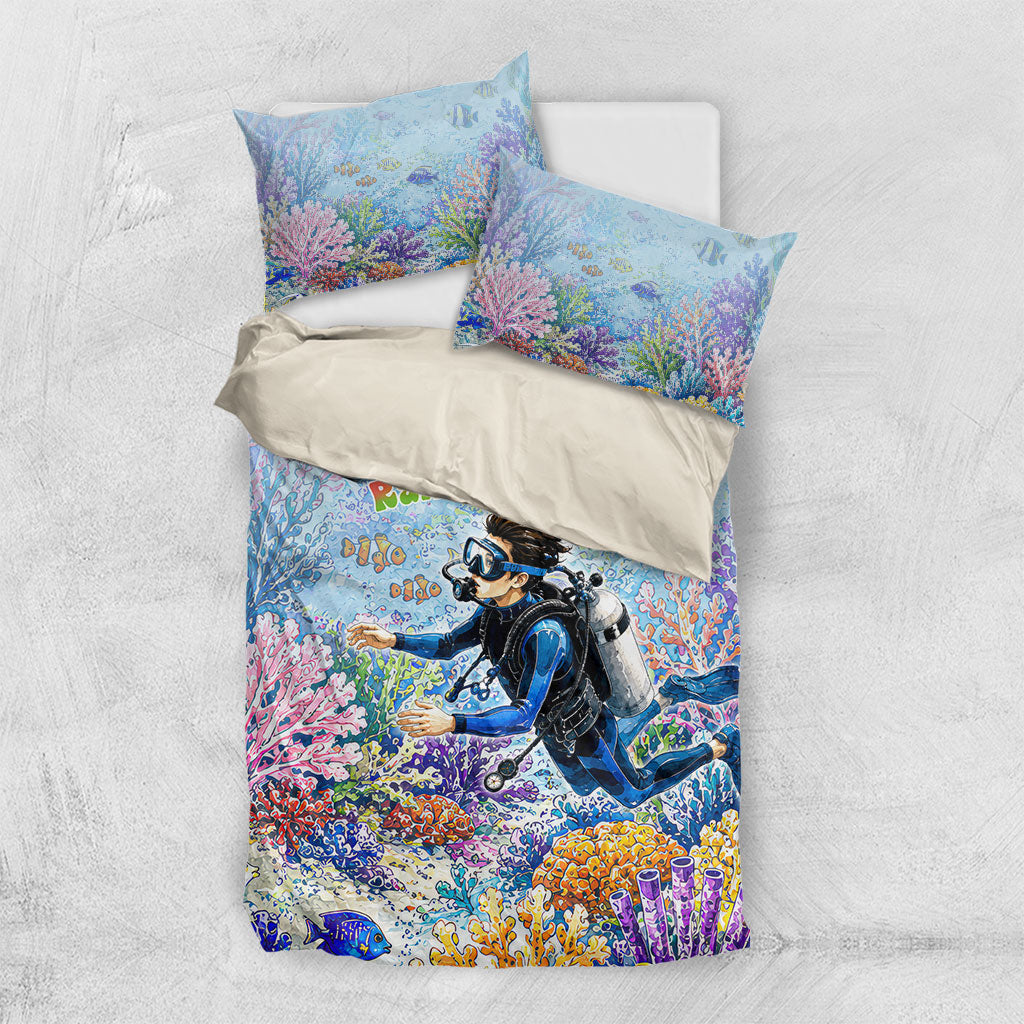 Fiji Taveuni Rainbow Reef Bedding Set Scuba Diver Vibrant Undersea Coral Garden Watercolor