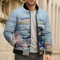 Fiji Taveuni Rainbow Reef Bomber Puffer Jacket Scuba Diver Vibrant Undersea Coral Garden Watercolor