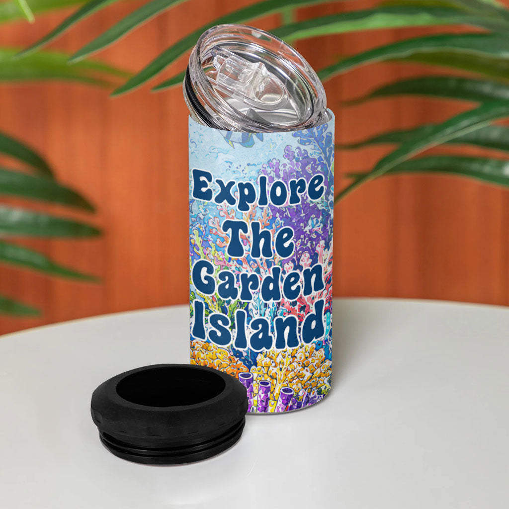 Fiji Taveuni Rainbow Reef 4 in 1 Can Cooler Tumbler Scuba Diver Vibrant Undersea Coral Garden Watercolor