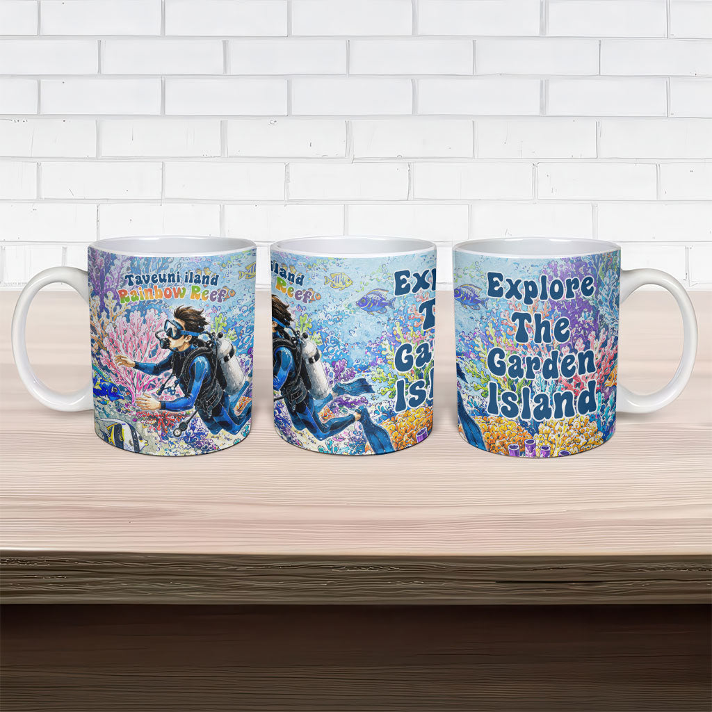 Fiji Taveuni Rainbow Reef Ceramic Mug Scuba Diver Vibrant Undersea Coral Garden Watercolor
