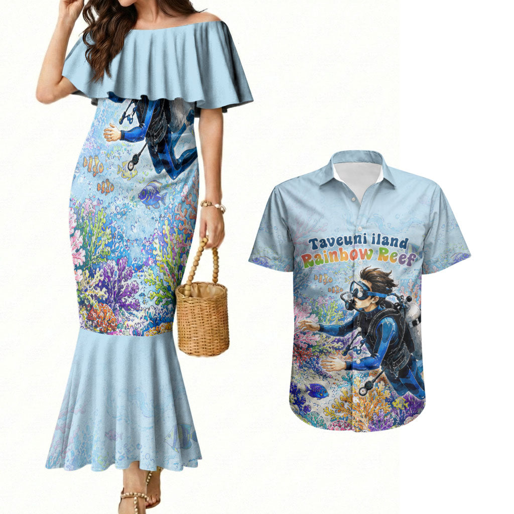 Fiji Taveuni Rainbow Reef Couples Matching Mermaid Dress and Hawaiian Shirt Scuba Diver Vibrant Undersea Coral Garden Watercolor