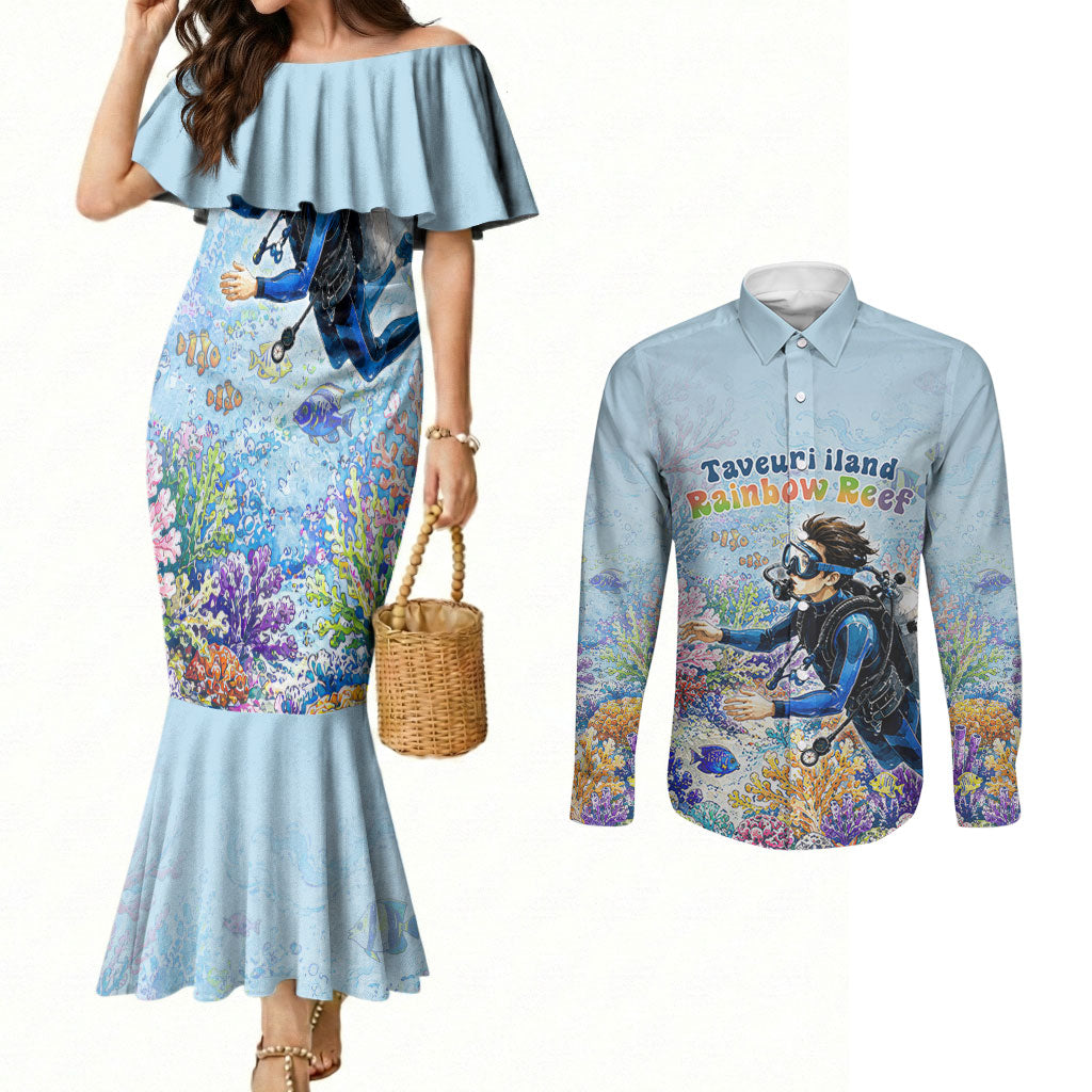 Fiji Taveuni Rainbow Reef Couples Matching Mermaid Dress and Long Sleeve Button Shirt Scuba Diver Vibrant Undersea Coral Garden Watercolor