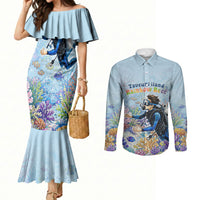 Fiji Taveuni Rainbow Reef Couples Matching Mermaid Dress and Long Sleeve Button Shirt Scuba Diver Vibrant Undersea Coral Garden Watercolor