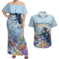 Fiji Taveuni Rainbow Reef Couples Matching Off Shoulder Maxi Dress and Hawaiian Shirt Scuba Diver Vibrant Undersea Coral Garden Watercolor