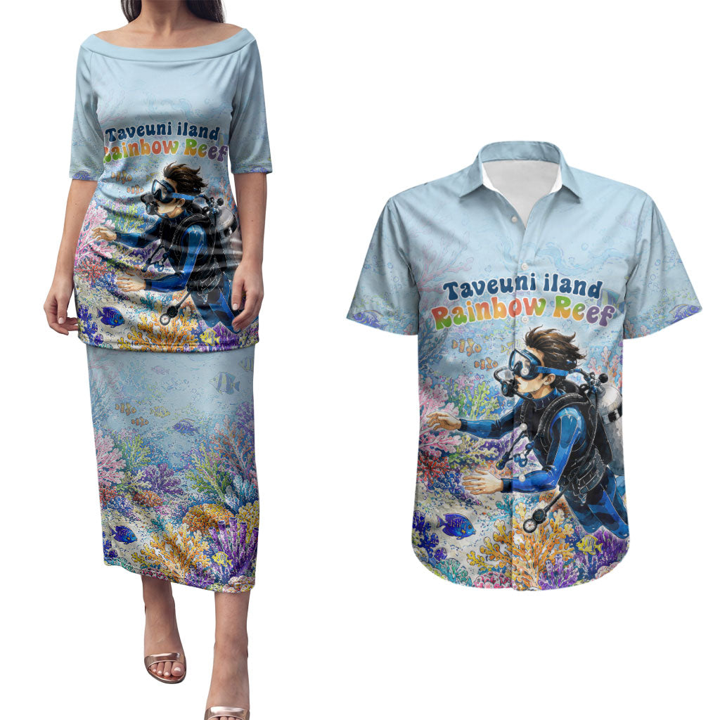 Fiji Taveuni Rainbow Reef Couples Matching Puletasi and Hawaiian Shirt Scuba Diver Vibrant Undersea Coral Garden Watercolor