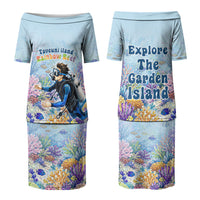 Fiji Taveuni Rainbow Reef Couples Matching Puletasi and Long Sleeve Button Shirt Scuba Diver Vibrant Undersea Coral Garden Watercolor