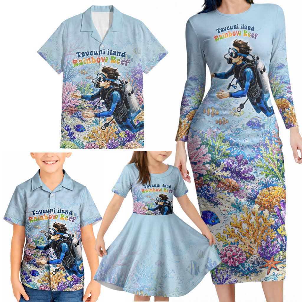 Fiji Taveuni Rainbow Reef Family Matching Long Sleeve Bodycon Dress and Hawaiian Shirt Scuba Diver Vibrant Undersea Coral Garden Watercolor