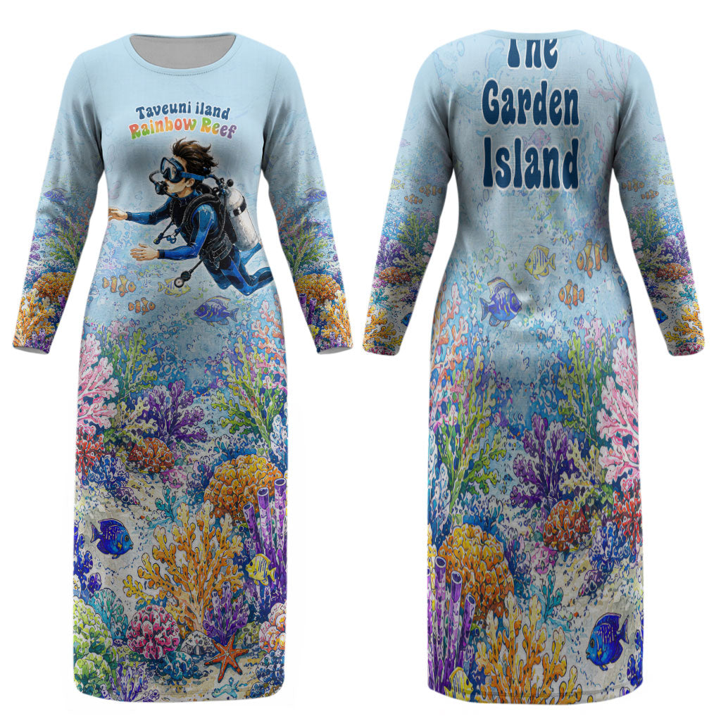 Fiji Taveuni Rainbow Reef Family Matching Long Sleeve Bodycon Dress and Hawaiian Shirt Scuba Diver Vibrant Undersea Coral Garden Watercolor