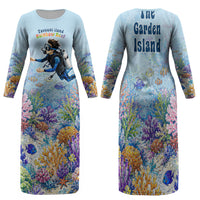 Fiji Taveuni Rainbow Reef Family Matching Long Sleeve Bodycon Dress and Hawaiian Shirt Scuba Diver Vibrant Undersea Coral Garden Watercolor