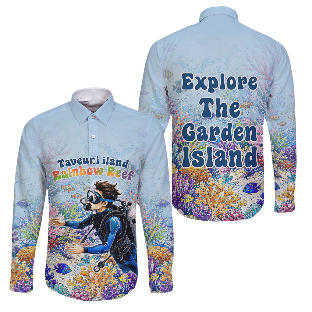 Fiji Taveuni Rainbow Reef Family Matching Long Sleeve Bodycon Dress and Hawaiian Shirt Scuba Diver Vibrant Undersea Coral Garden Watercolor