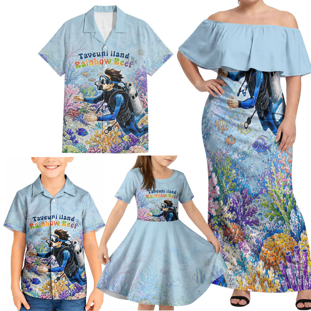 Fiji Taveuni Rainbow Reef Family Matching Off Shoulder Maxi Dress and Hawaiian Shirt Scuba Diver Vibrant Undersea Coral Garden Watercolor TS04 - Polynesian Pride