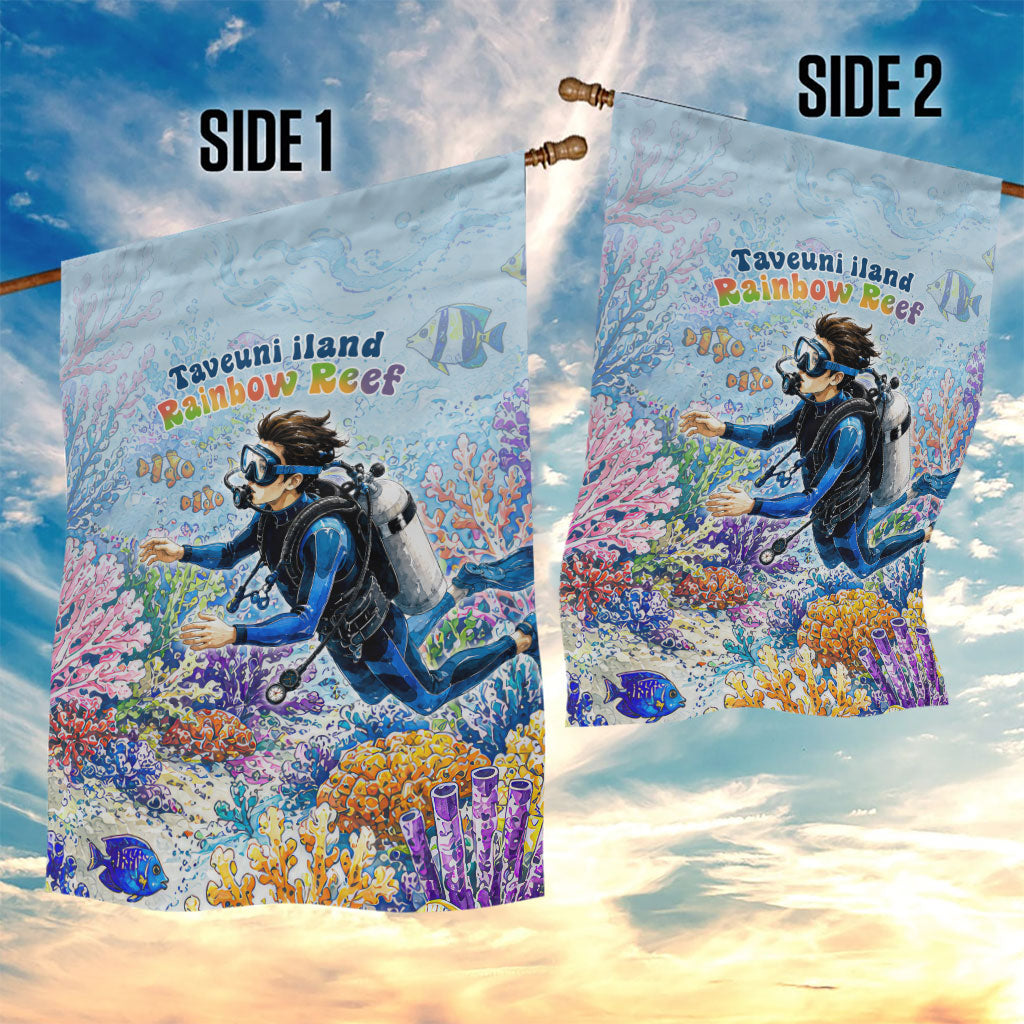 Fiji Taveuni Rainbow Reef Garden Flag Scuba Diver Vibrant Undersea Coral Garden Watercolor