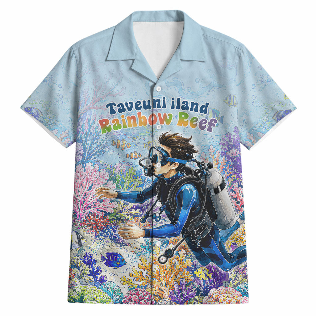 Fiji Taveuni Rainbow Reef Hawaiian Shirt Scuba Diver Vibrant Undersea Coral Garden Watercolor