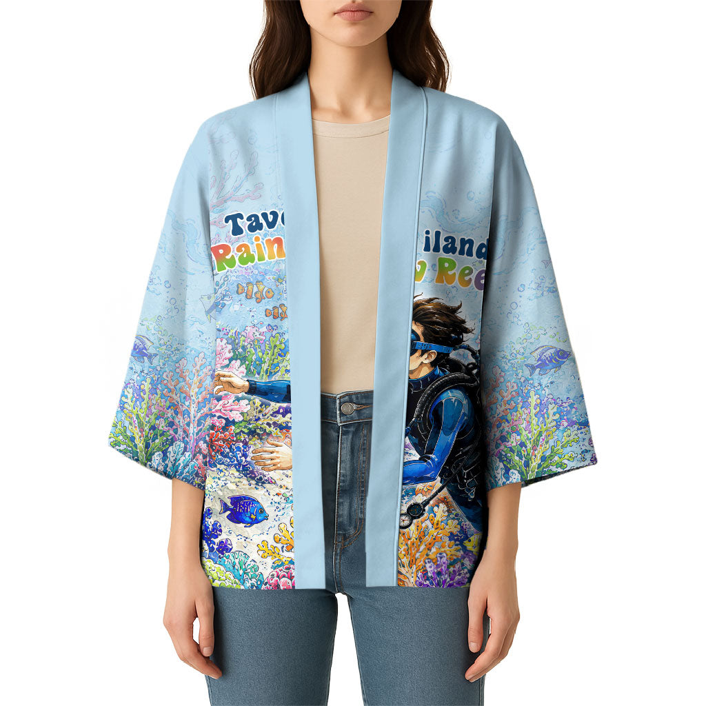 Fiji Taveuni Rainbow Reef Kimono Scuba Diver Vibrant Undersea Coral Garden Watercolor