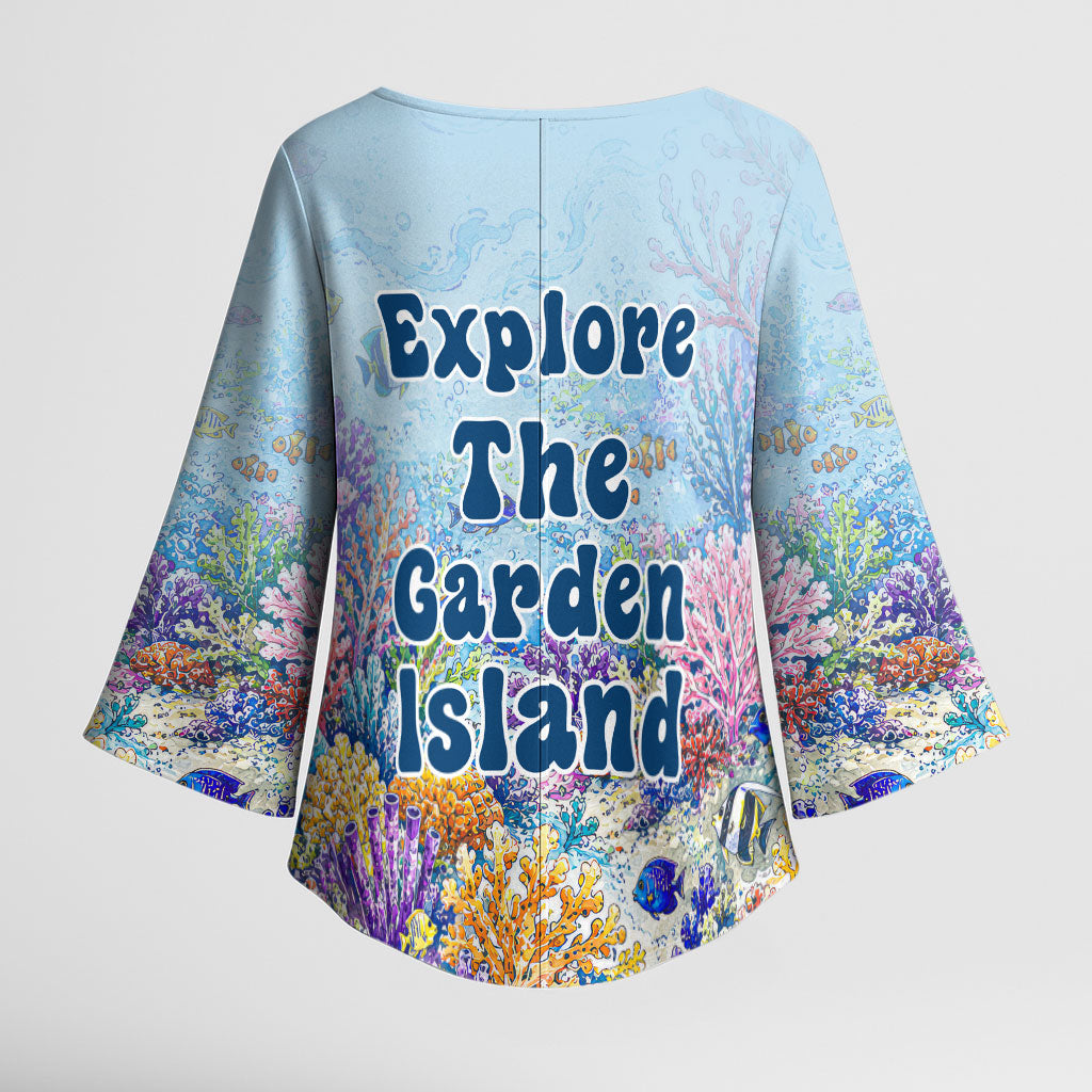 Fiji Taveuni Rainbow Reef Kimono Sleeve Blouse Scuba Diver Vibrant Undersea Coral Garden Watercolor