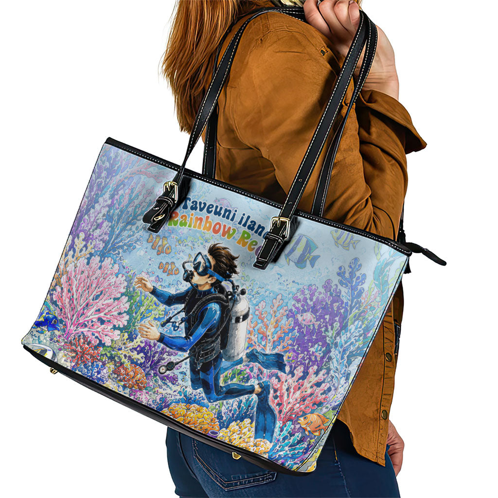 Fiji Taveuni Rainbow Reef Leather Tote Bag Scuba Diver Vibrant Undersea Coral Garden Watercolor