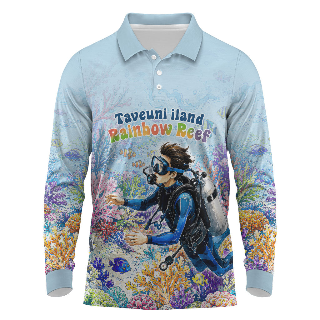 Fiji Taveuni Rainbow Reef Long Sleeve Polo Shirt Scuba Diver Vibrant Undersea Coral Garden Watercolor