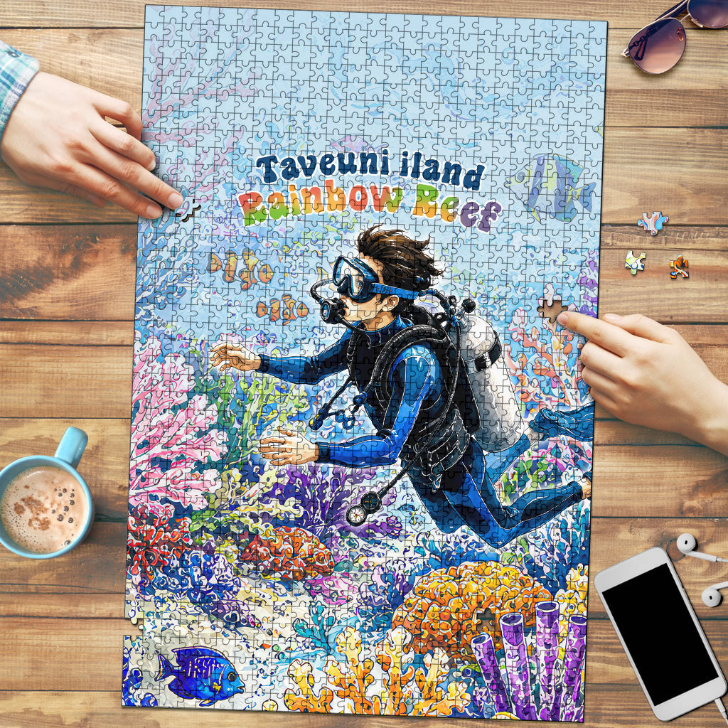 Fiji Taveuni Rainbow Reef Puzzle Scuba Diver Vibrant Undersea Coral Garden Watercolor