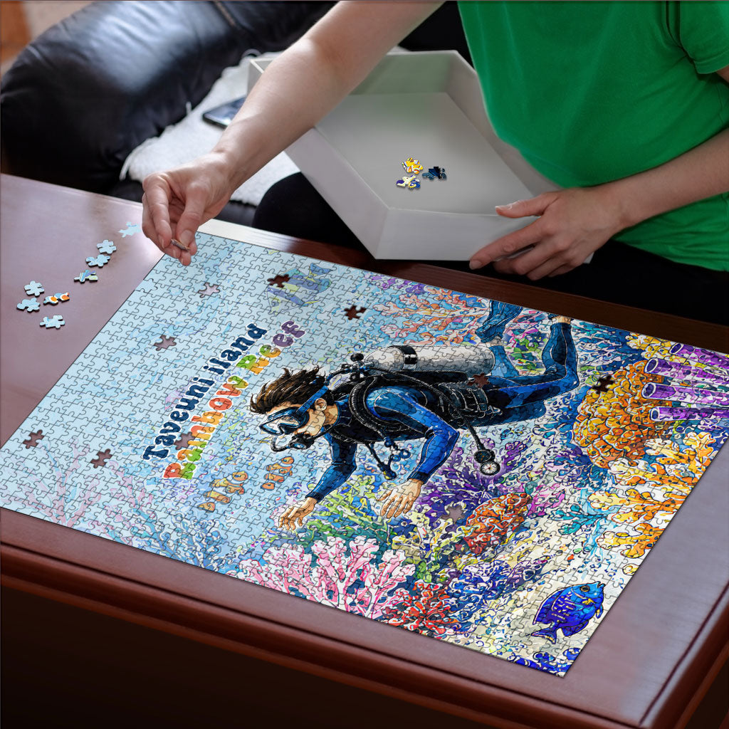 Fiji Taveuni Rainbow Reef Puzzle Scuba Diver Vibrant Undersea Coral Garden Watercolor