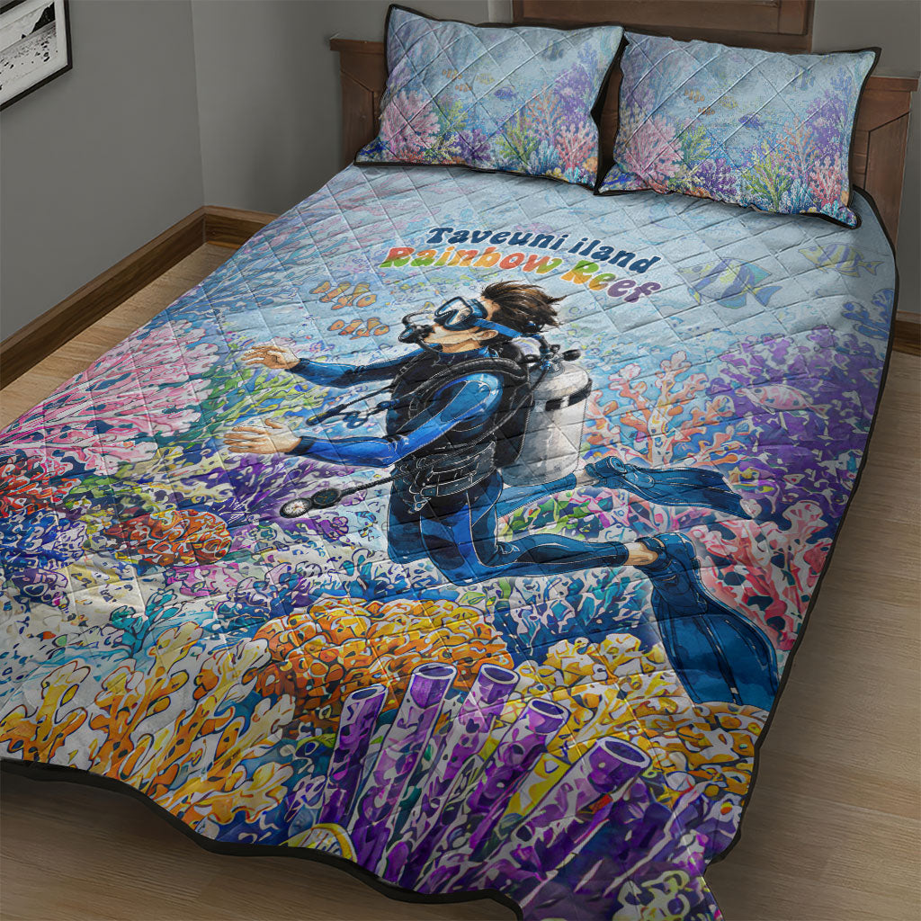 Fiji Taveuni Rainbow Reef Quilt Bed Set Scuba Diver Vibrant Undersea Coral Garden Watercolor