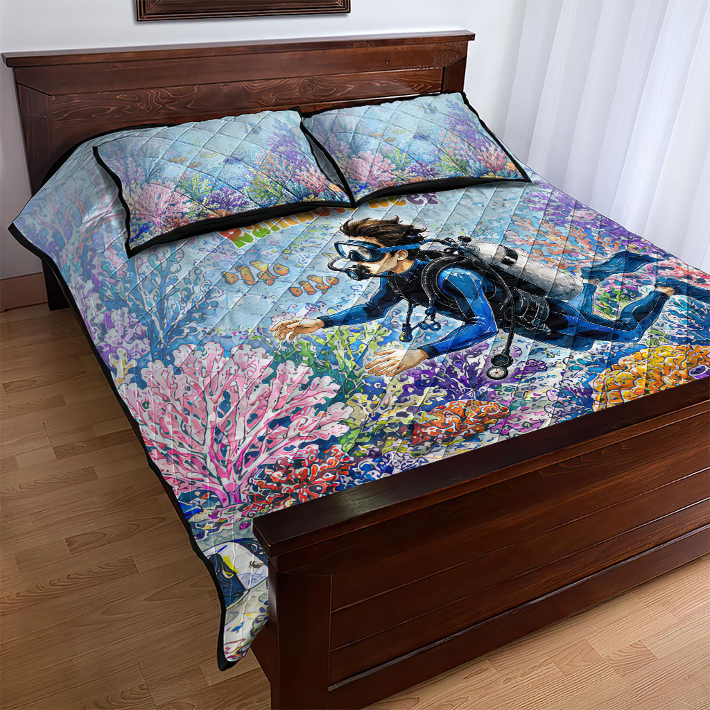 Fiji Taveuni Rainbow Reef Quilt Bed Set Scuba Diver Vibrant Undersea Coral Garden Watercolor