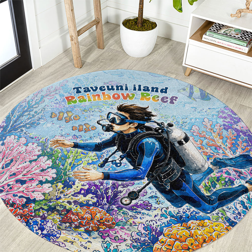 Fiji Taveuni Rainbow Reef Round Carpet Scuba Diver Vibrant Undersea Coral Garden Watercolor