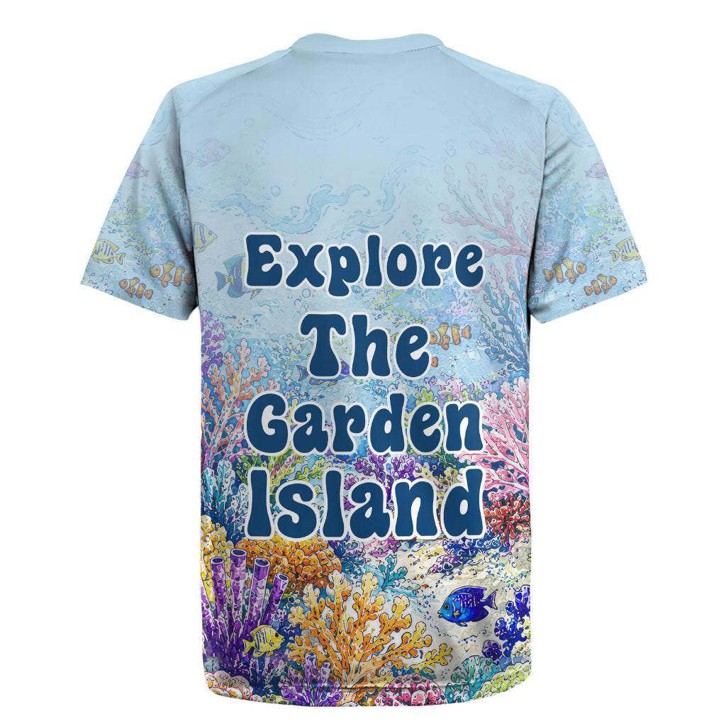 Fiji Taveuni Rainbow Reef Rugby Jersey Scuba Diver Vibrant Undersea Coral Garden Watercolor