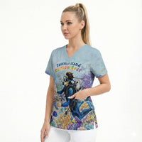 Fiji Taveuni Rainbow Reef Scrub Top Scuba Diver Vibrant Undersea Coral Garden Watercolor