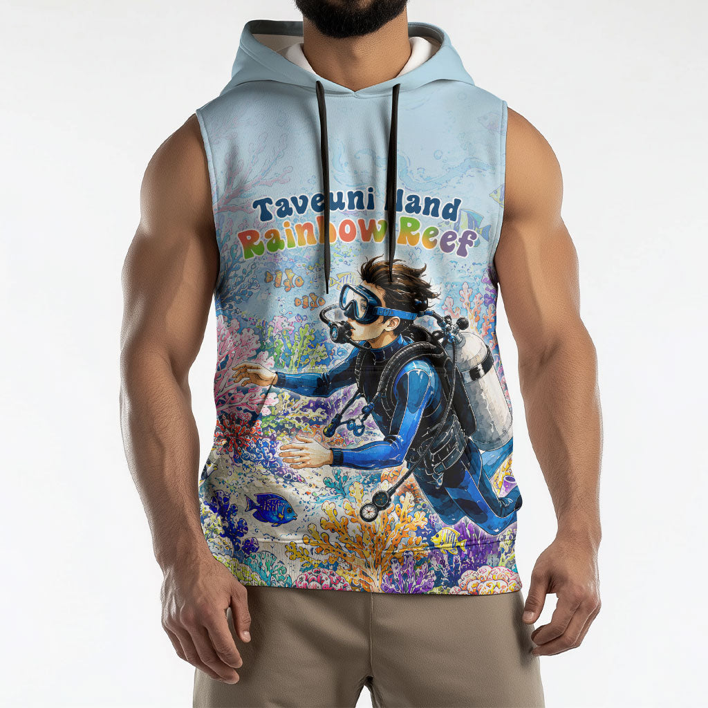 Fiji Taveuni Rainbow Reef Sleeveless Hoodie Scuba Diver Vibrant Undersea Coral Garden Watercolor