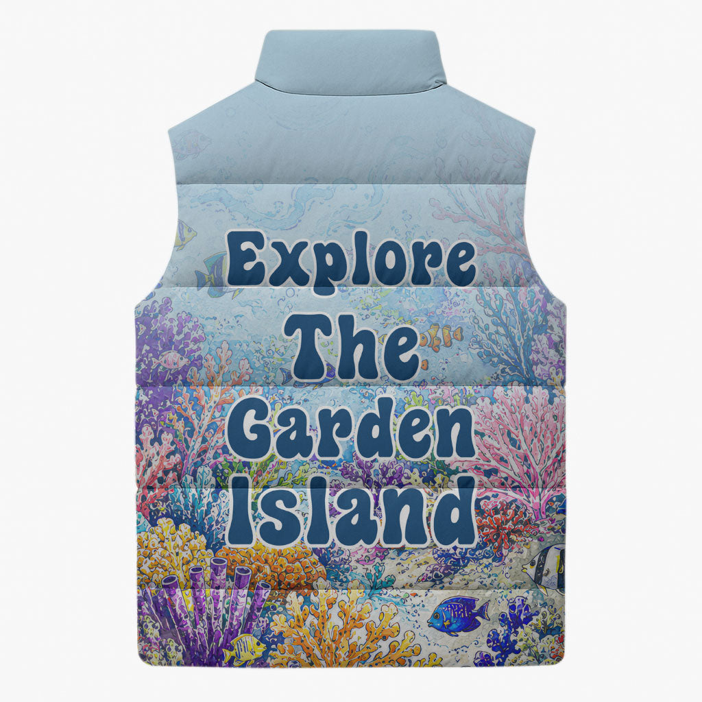 Fiji Taveuni Rainbow Reef Sleeveless Puffer Jacket Scuba Diver Vibrant Undersea Coral Garden Watercolor