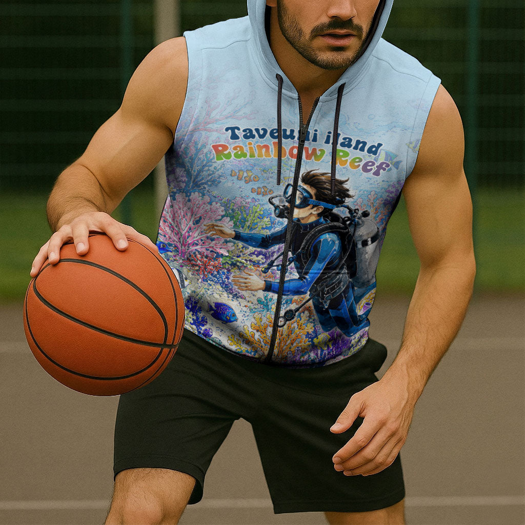 Fiji Taveuni Rainbow Reef Sleeveless Zip Hoodie Scuba Diver Vibrant Undersea Coral Garden Watercolor
