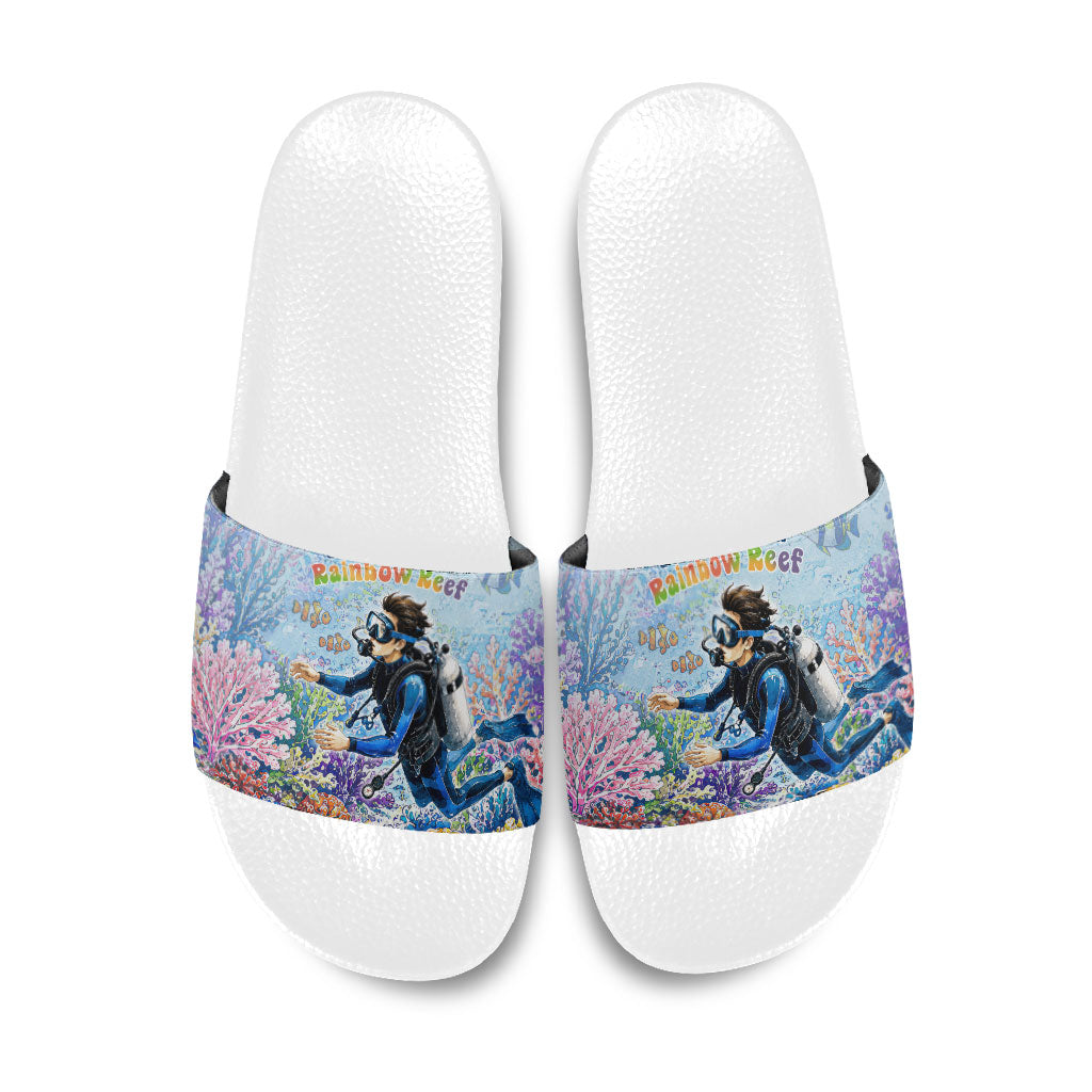 Fiji Taveuni Rainbow Reef Slide Sandals Scuba Diver Vibrant Undersea Coral Garden Watercolor