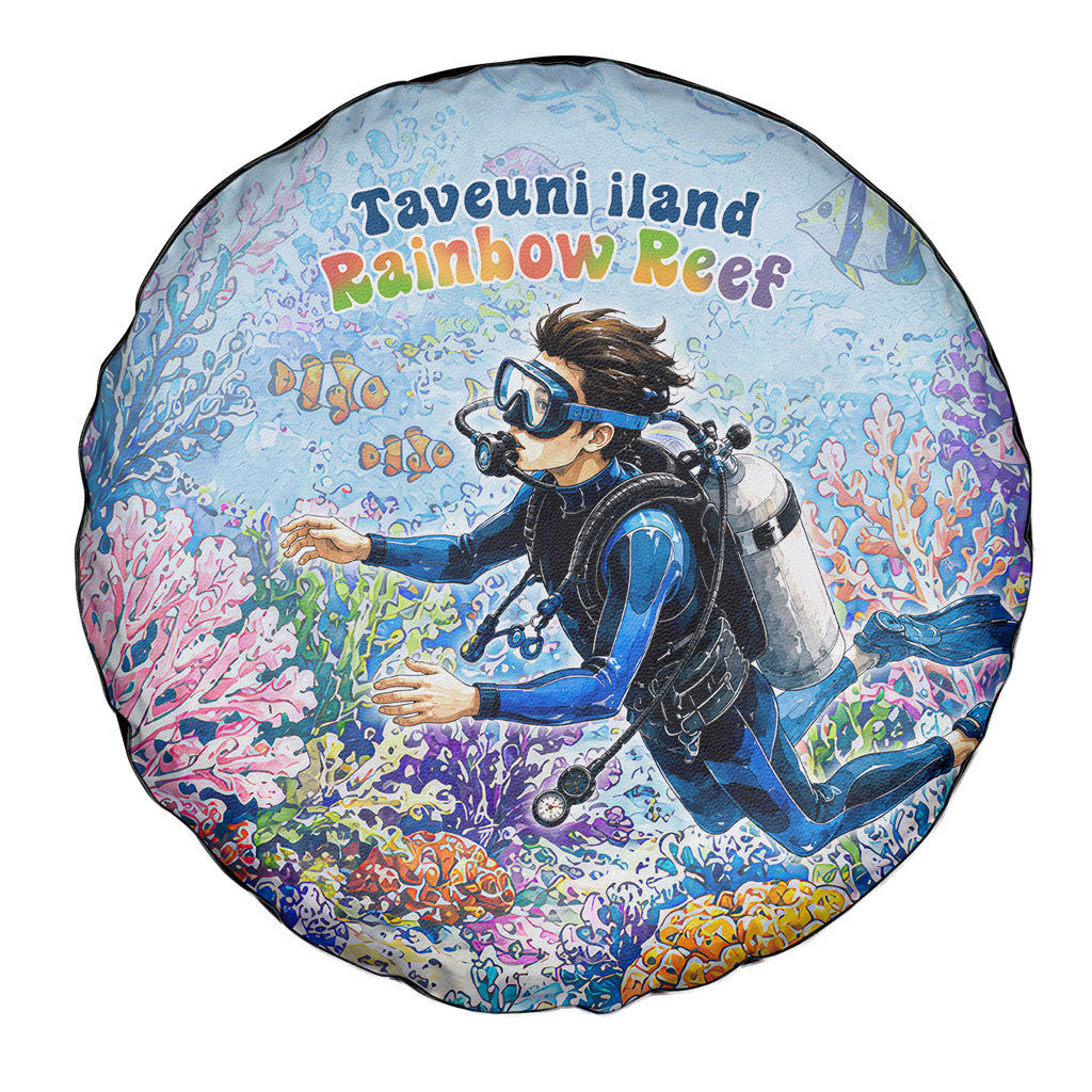 Fiji Taveuni Rainbow Reef Spare Tire Cover Scuba Diver Vibrant Undersea Coral Garden Watercolor