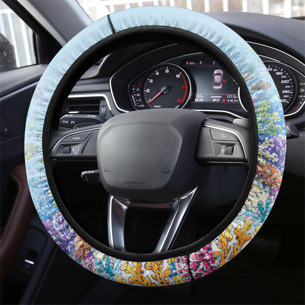 Fiji Taveuni Rainbow Reef Steering Wheel Cover Scuba Diver Vibrant Undersea Coral Garden Watercolor
