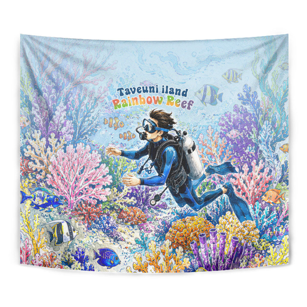 Fiji Taveuni Rainbow Reef Tapestry Scuba Diver Vibrant Undersea Coral Garden Watercolor