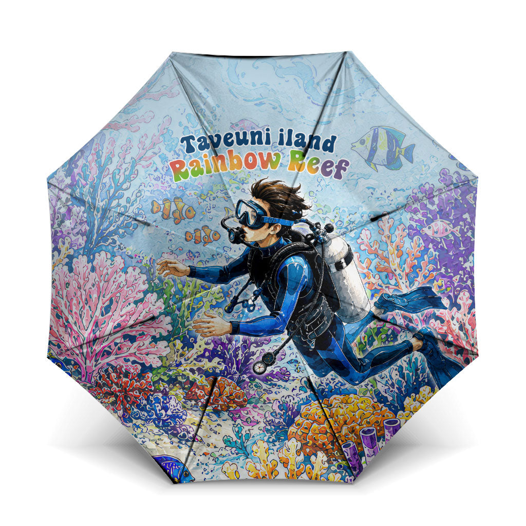 Fiji Taveuni Rainbow Reef Umbrella Scuba Diver Vibrant Undersea Coral Garden Watercolor TS04 One Size Folded 11.42 inch Opened Diameter 37.4 inch Blue - Polynesian Pride
