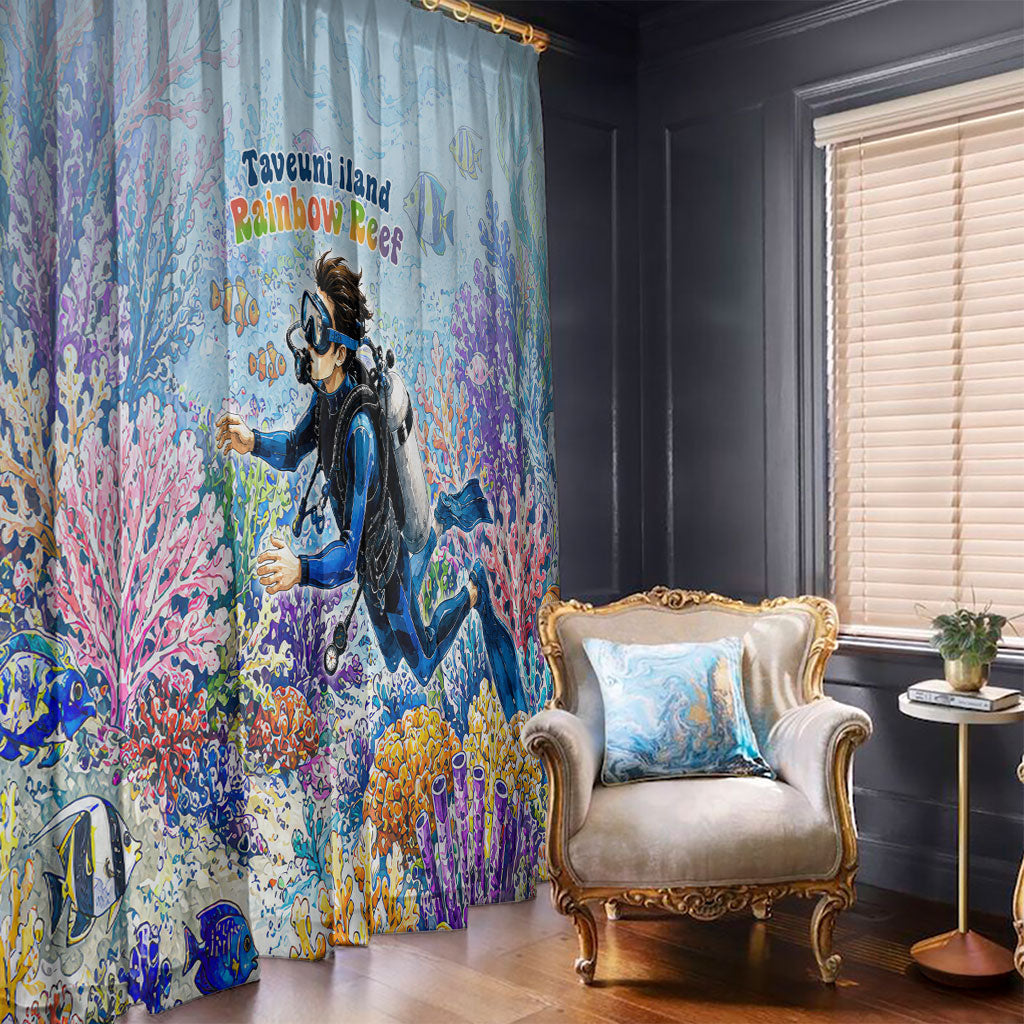 Fiji Taveuni Rainbow Reef Window Curtain Scuba Diver Vibrant Undersea Coral Garden Watercolor