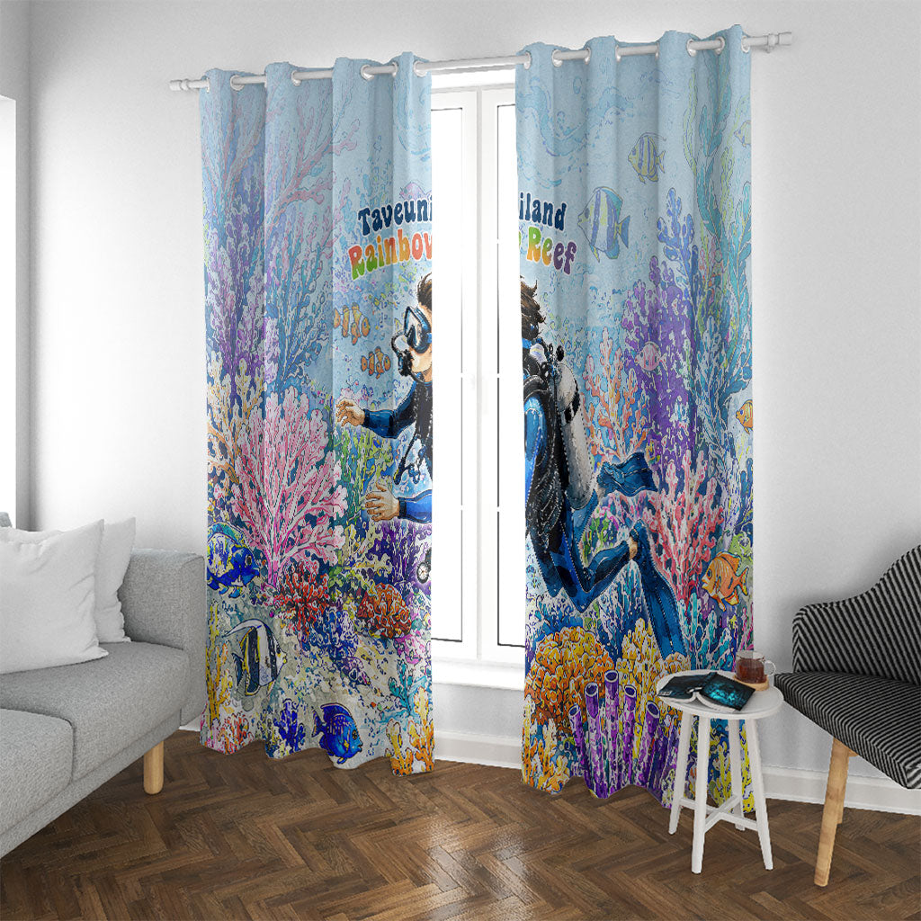 Fiji Taveuni Rainbow Reef Window Curtain Scuba Diver Vibrant Undersea Coral Garden Watercolor