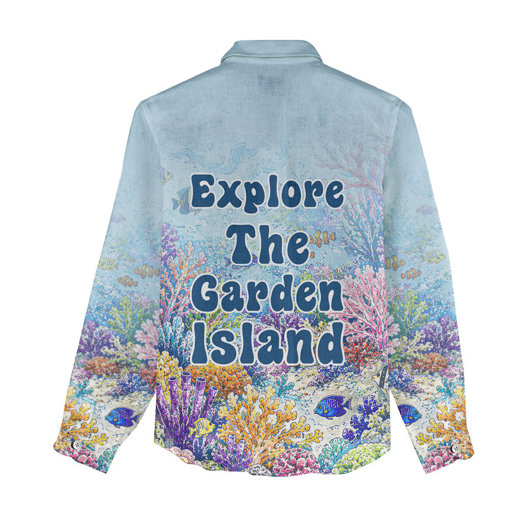 Fiji Taveuni Rainbow Reef Women Casual Shirt Scuba Diver Vibrant Undersea Coral Garden Watercolor