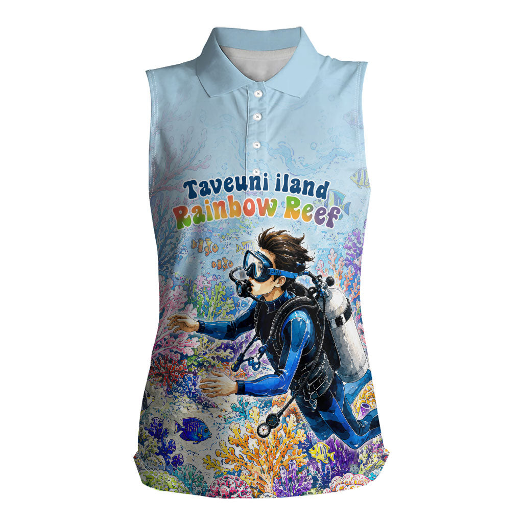 Fiji Taveuni Rainbow Reef Women Sleeveless Polo Shirt Scuba Diver Vibrant Undersea Coral Garden Watercolor