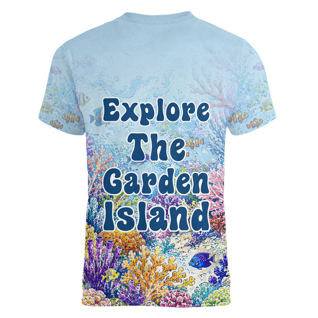 Fiji Taveuni Rainbow Reef Women V-Neck T-Shirt Scuba Diver Vibrant Undersea Coral Garden Watercolor