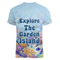 Fiji Taveuni Rainbow Reef Women V-Neck T-Shirt Scuba Diver Vibrant Undersea Coral Garden Watercolor
