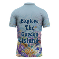Fiji Taveuni Rainbow Reef Zipper Polo Shirt Scuba Diver Vibrant Undersea Coral Garden Watercolor
