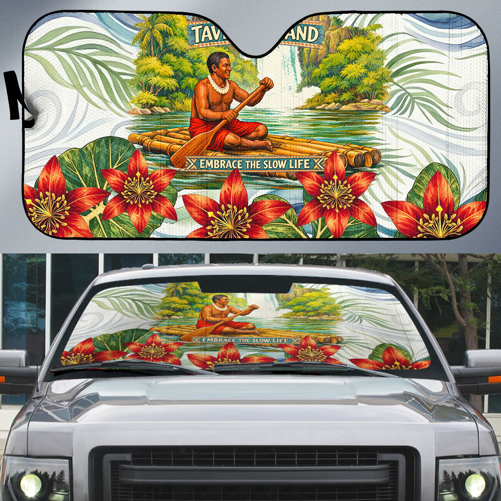 Fiji Taveuni Island Dateline Crossing Auto Sun Shade Tropical Cultural Landscape With Tagimoucia Floral Pattern