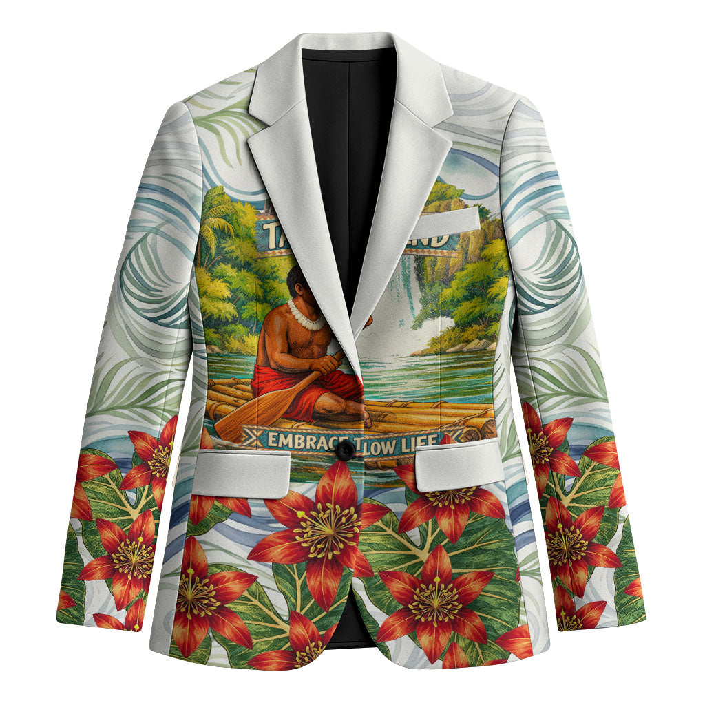 Fiji Taveuni Island Dateline Crossing Blazer Tropical Cultural Landscape With Tagimoucia Floral Pattern TS04 Unisex White Green - Polynesian Pride