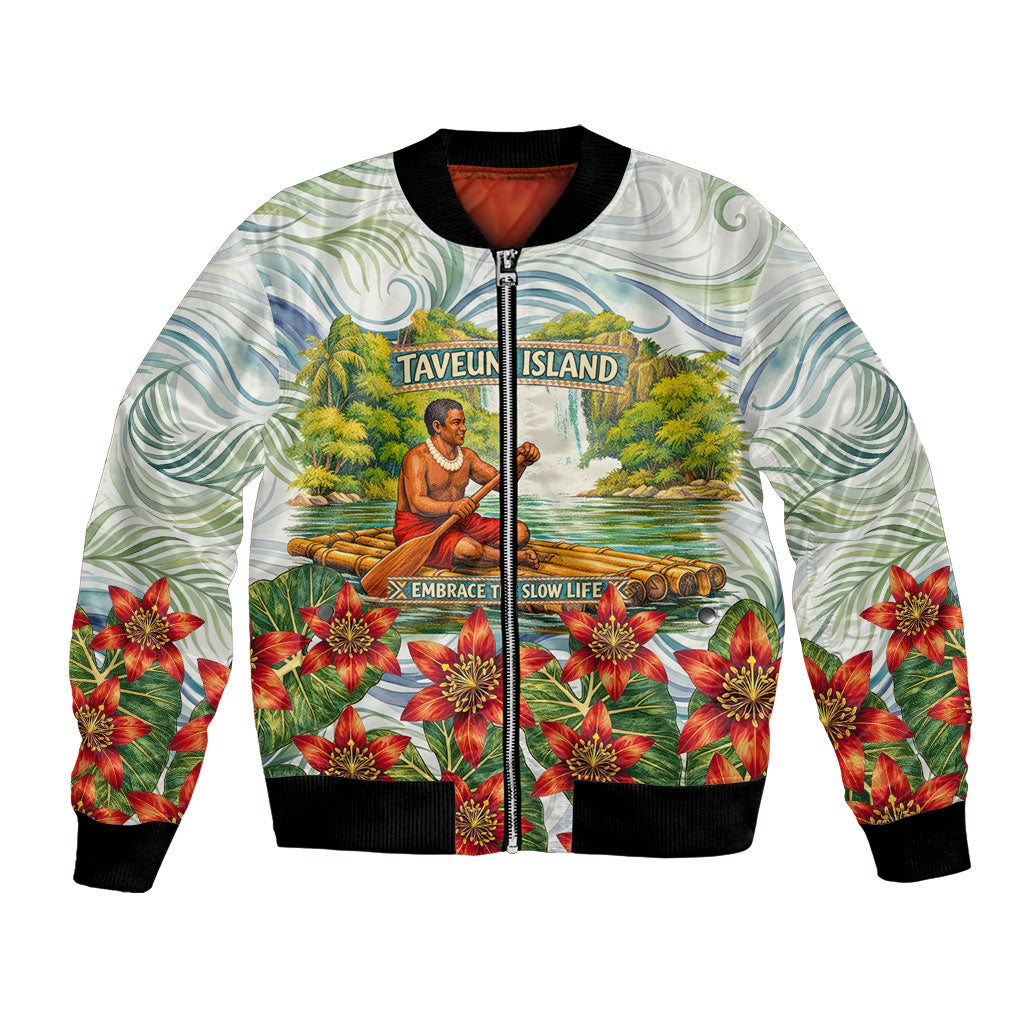 Fiji Taveuni Island Dateline Crossing Bomber Jacket Tropical Cultural Landscape With Tagimoucia Floral Pattern TS04 Unisex White Green - Polynesian Pride