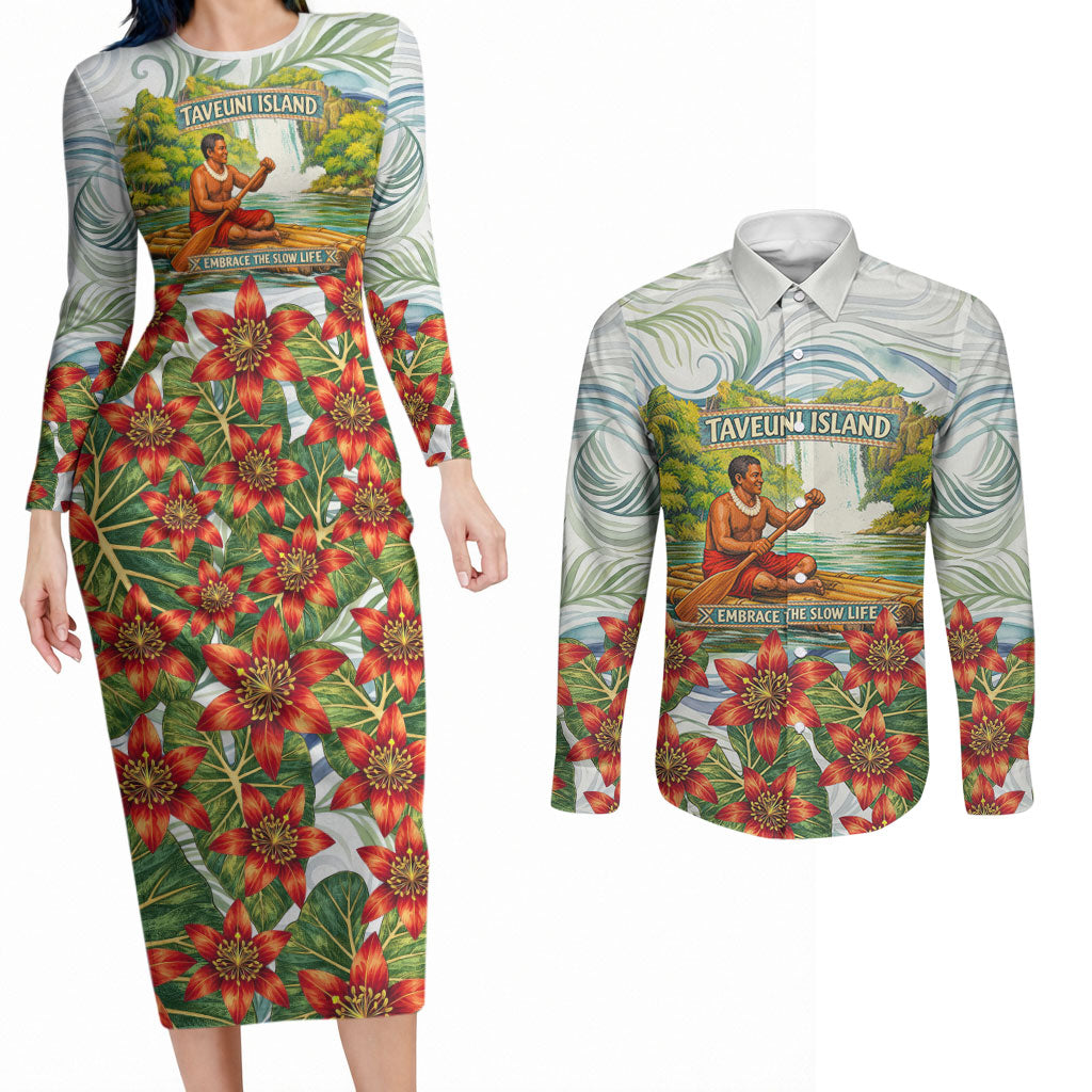 Fiji Taveuni Island Dateline Crossing Couples Matching Long Sleeve Bodycon Dress and Long Sleeve Button Shirt Tropical Cultural Landscape With Tagimoucia Floral Pattern
