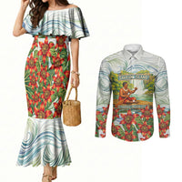 Fiji Taveuni Island Dateline Crossing Couples Matching Mermaid Dress and Long Sleeve Button Shirt Tropical Cultural Landscape With Tagimoucia Floral Pattern