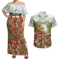 Fiji Taveuni Island Dateline Crossing Couples Matching Off Shoulder Maxi Dress and Hawaiian Shirt Tropical Cultural Landscape With Tagimoucia Floral Pattern